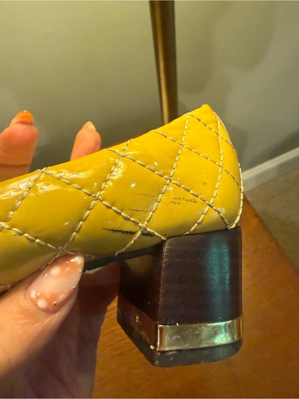 Tory Burch Quilted Patent Leather Block Heel Pumps in Mustard Yellow Size 6.5